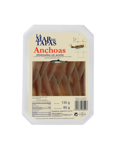 Anchoas ahumadas del Cantábrico en aceite, tarrina de 130g